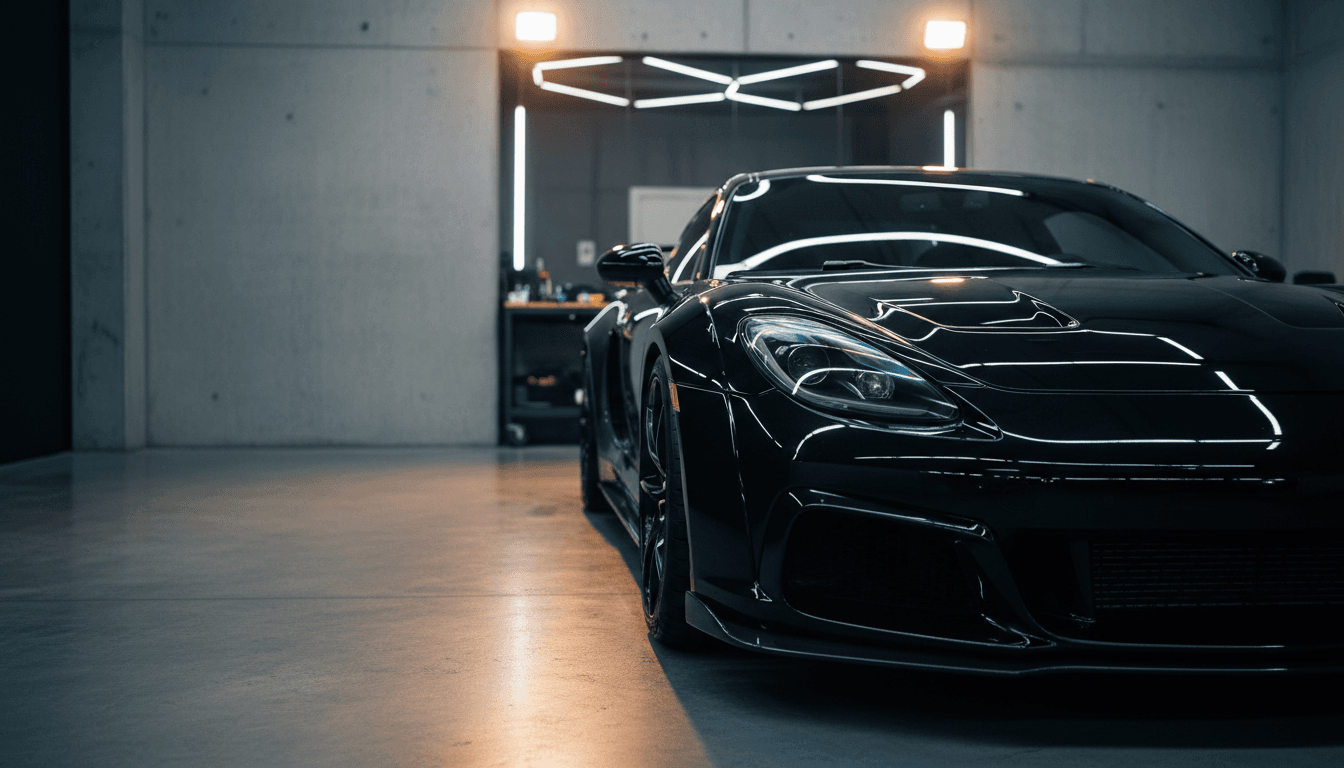 Glossy black sports car in a detailing bay with reflection of overhead LED lights on polished paint