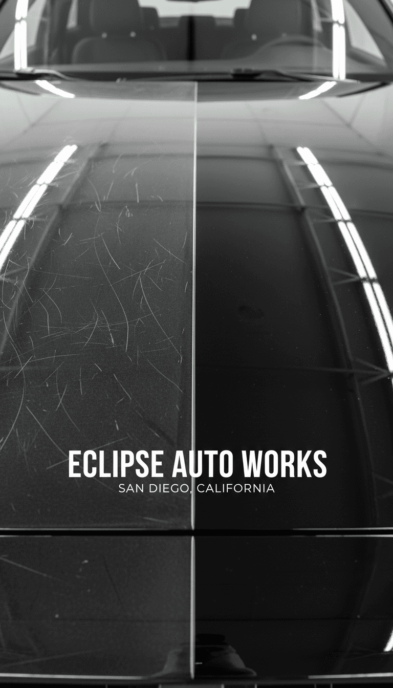 Dark car hood showing paint correction, left scratched, right polished
