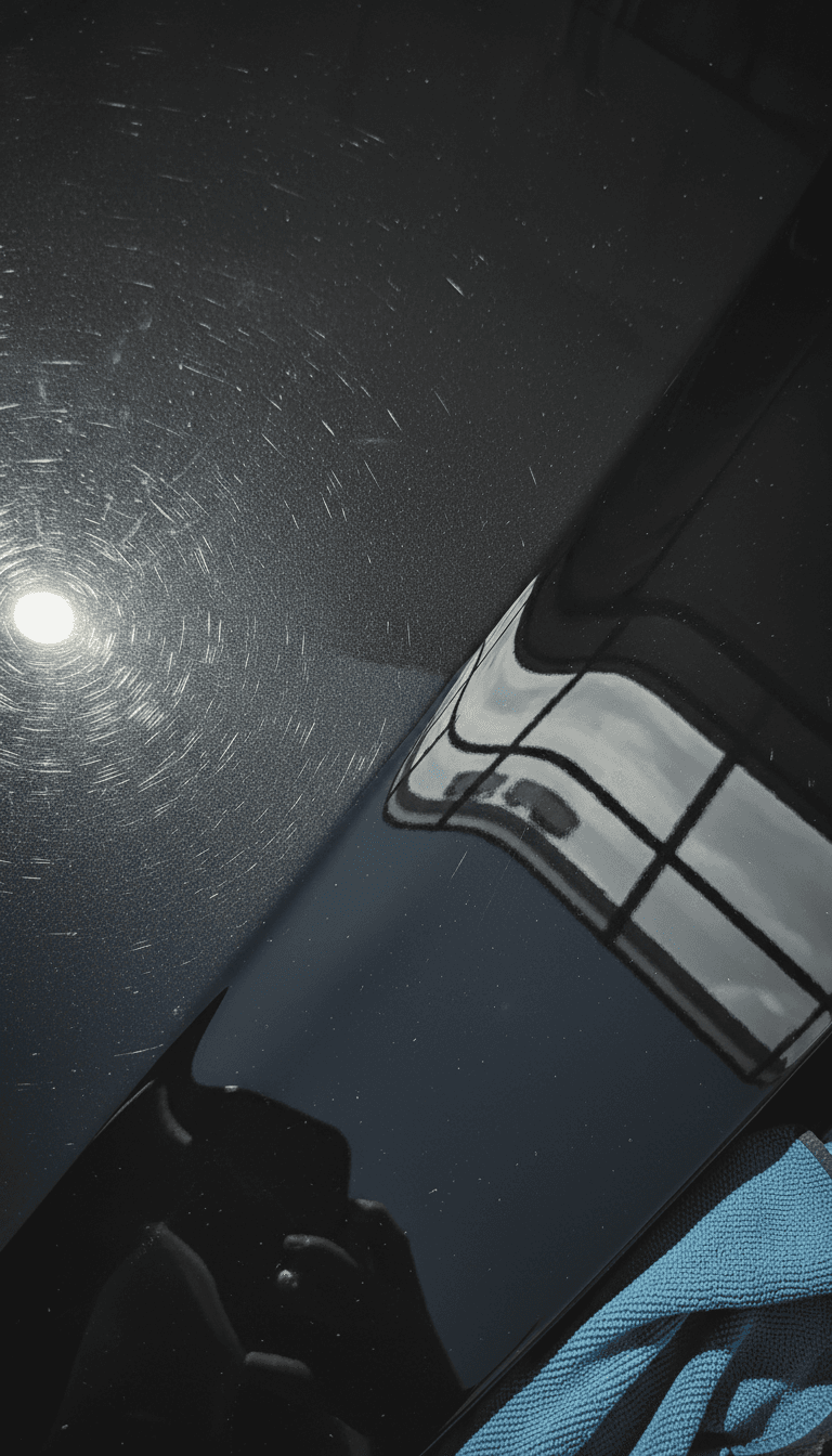 Paint correction transition on a dark car hood, before and after