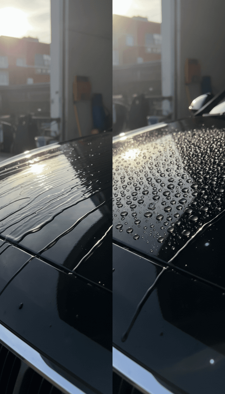 Ceramic coating beading patterns on a car hood after different application methods