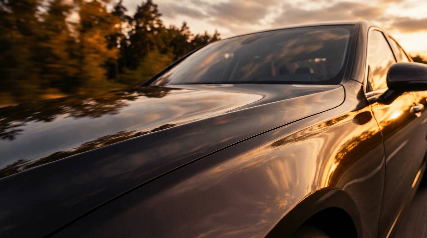 Glossy black car hood reflecting a sunset after ceramic coating application