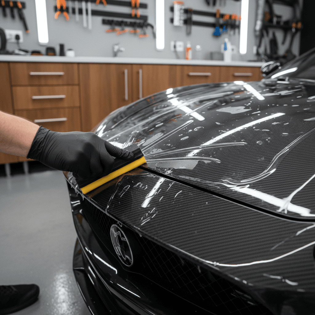 Hands carefully applying paint protection film to a car hood, with dramatic light reflecting off the paint