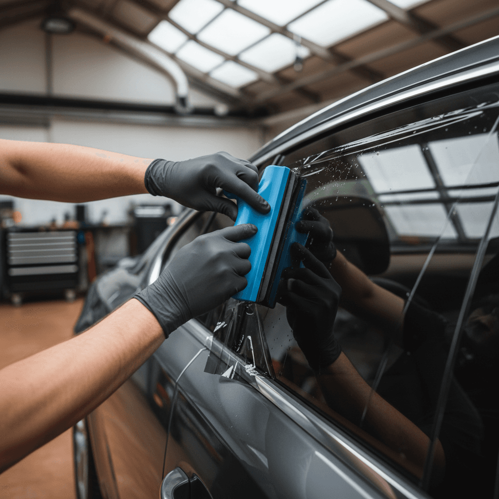 Auto detailer holding a roll of window tint film in shop