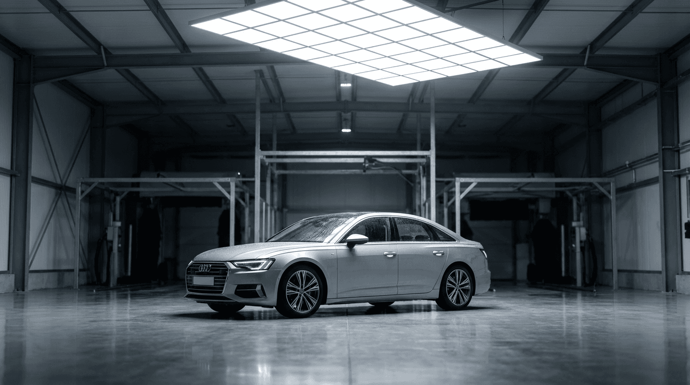 Modern car wash facility interior with freshly cleaned silver sedan under bright LED lighting