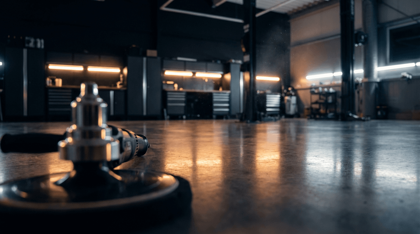 Clean automotive detailing bay with a vehicle under focused spotlights in San Diego