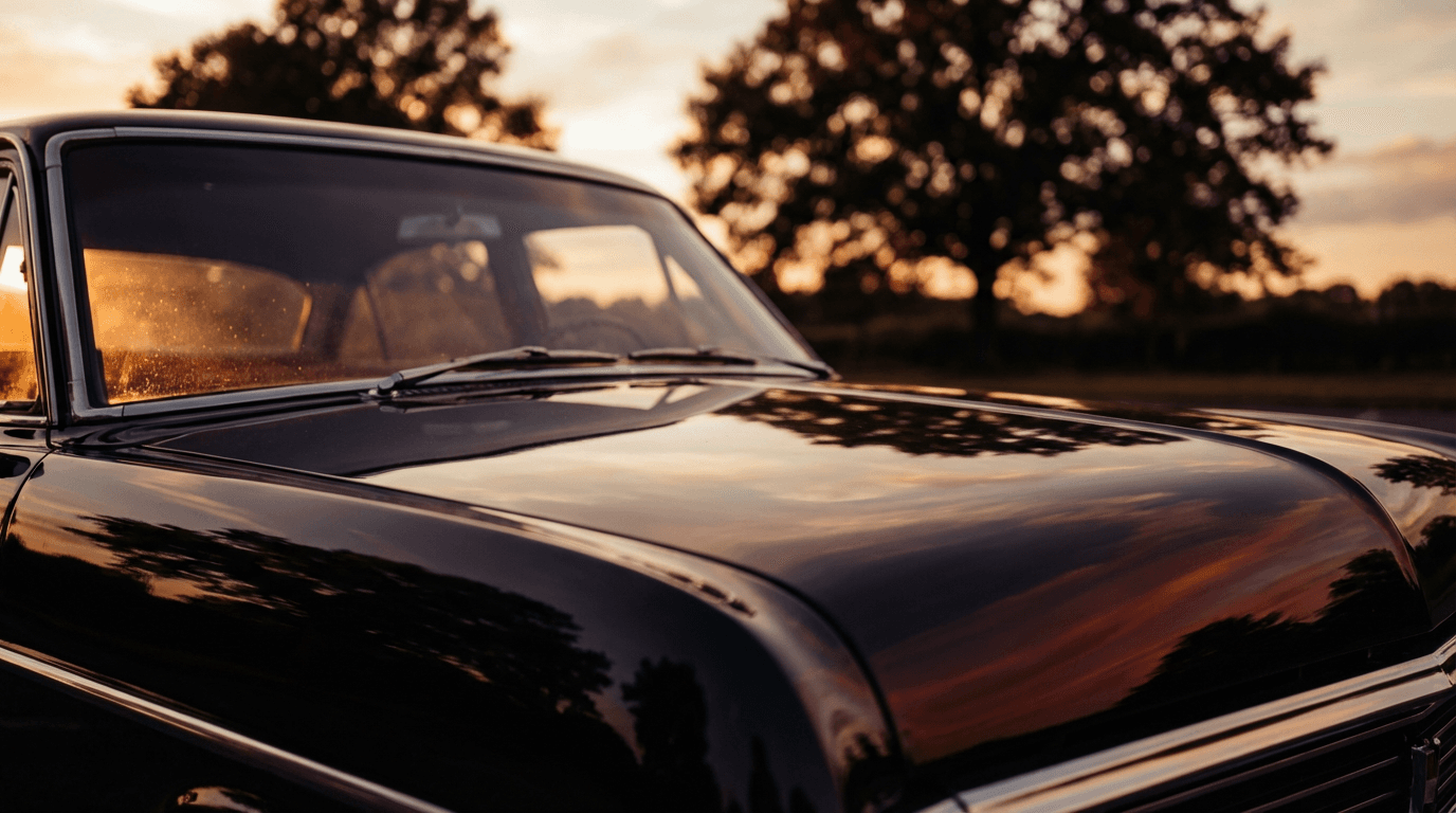Medium shot of a car window with fresh tint, showing the clean edge against the rubber seal and the interior darkened behind the film