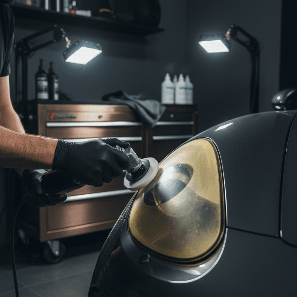 Car headlight restoration half-sanded showing hazy vs clear lens
