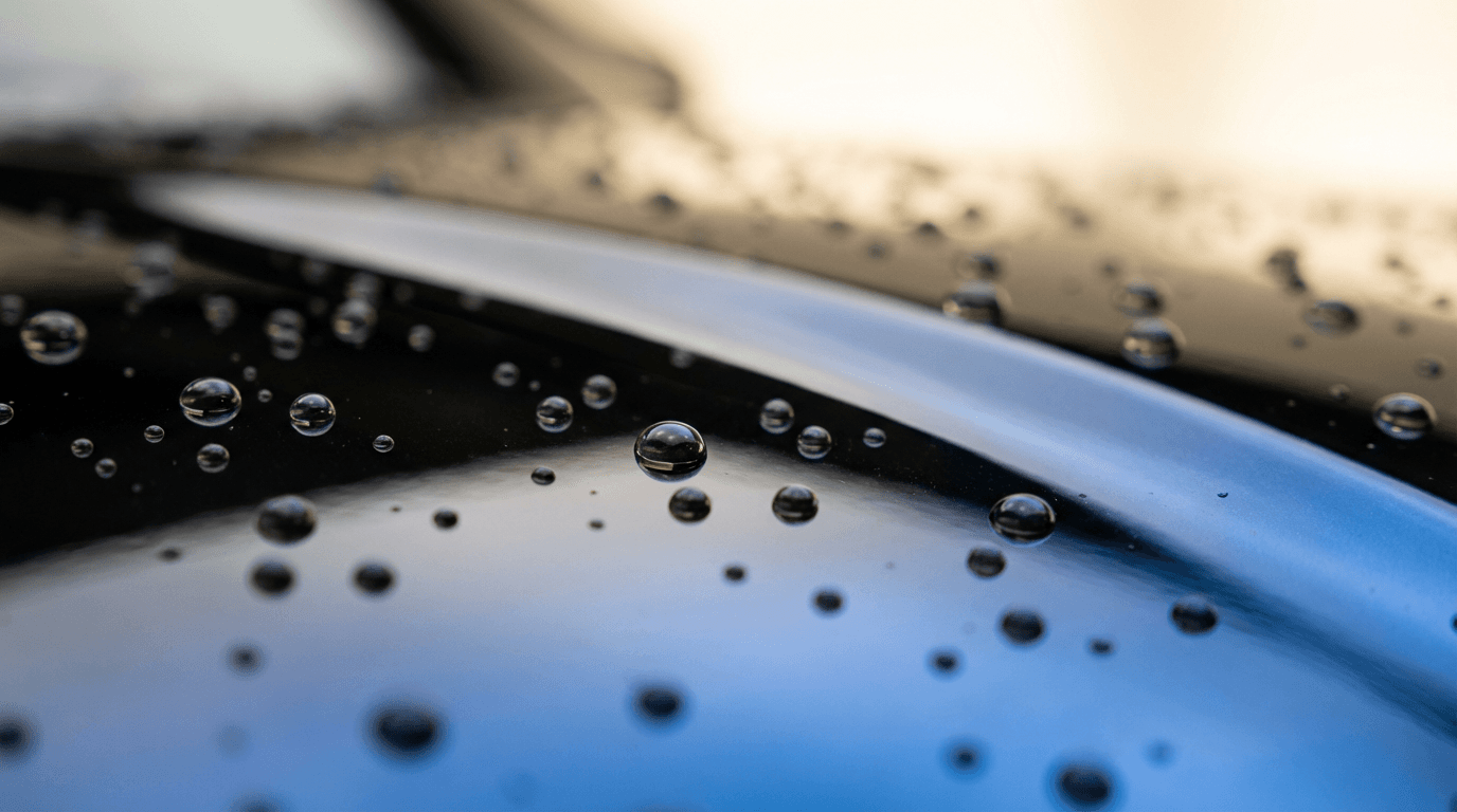 Close-up of a gloss-coated car hood with water beading and light reflections, showing the depth of a professional ceramic finish.