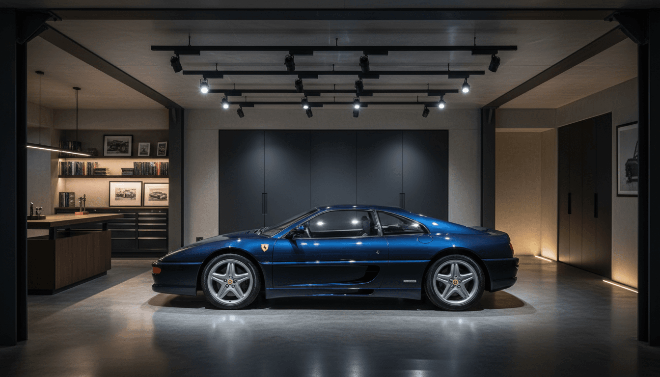 Complete profile view of pristine 1990s classic vehicle in modern luxury garage showroom with professional lighting