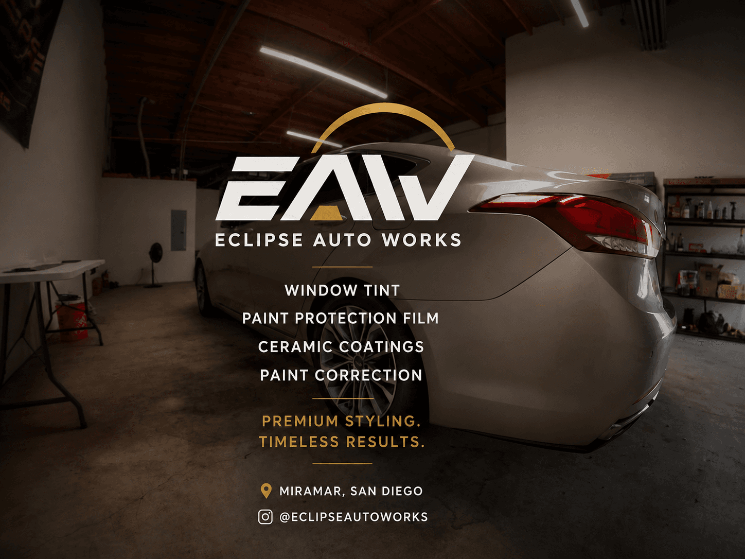 Eclipse Auto Works logo over a silver car, listing window tint and paint protection services.
