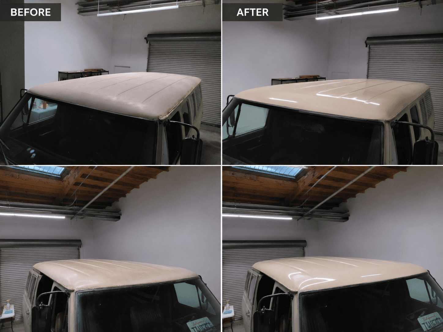 Before and after photos showing a faded tan van roof restored to a glossy shine.